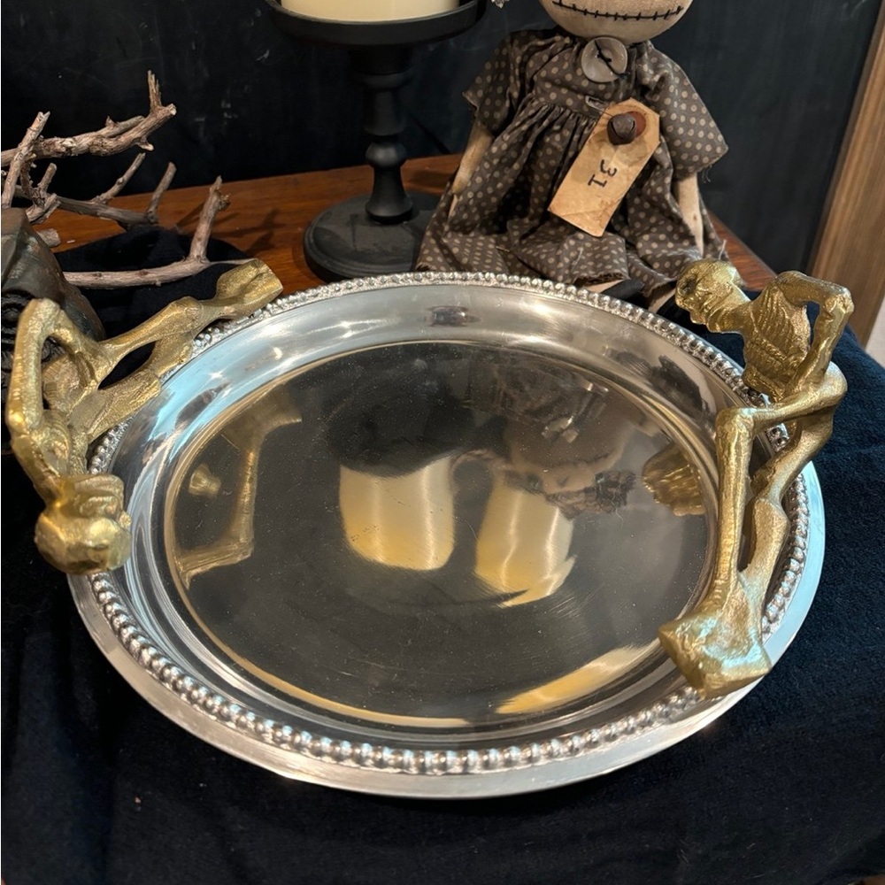 Silver and Gold Skeleton Halloween Round Platter Serving Tray Beaded Round